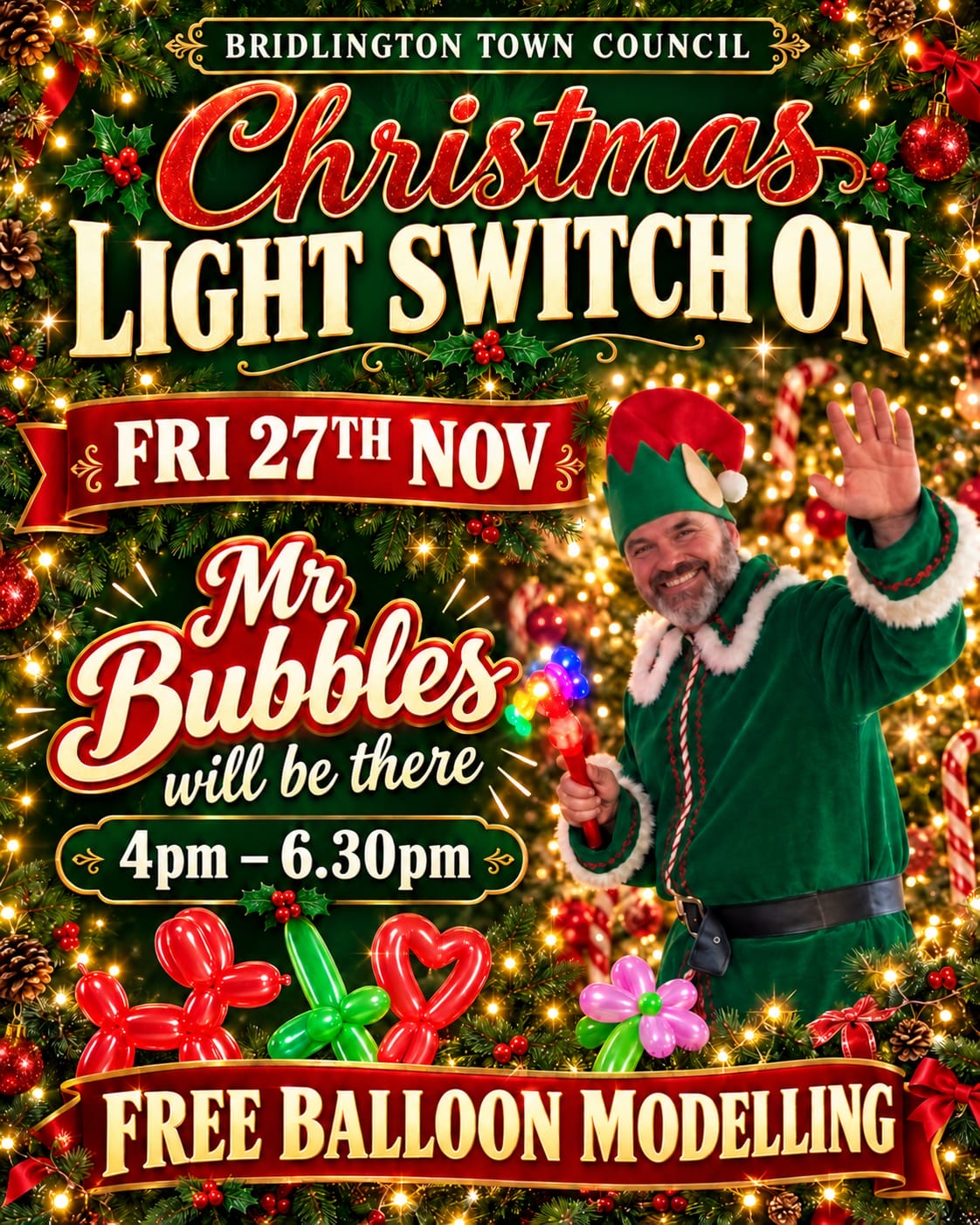 Photo of A poster containing information about a Christmas Light Switch On event held by Bridlington Town Council.